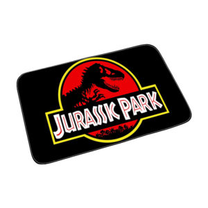 Paillasson Jurassic Park noir avec le logo original de la saga. Fond blanc.