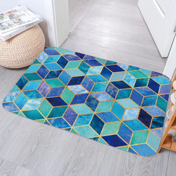 Paillasson à motifs géométrique design en cube en nuances de bleu