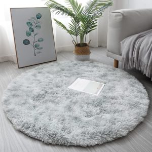 Ce tapis rond est gris et est disposé sur le sol d'un salon. Une plante , un tableau et un canapé sont présents dans la pièce.